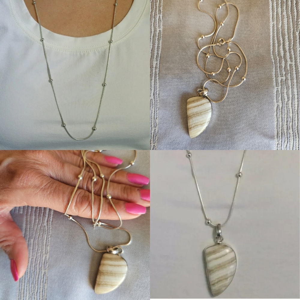 Sterling Silver beaded chain with genuine Agate stone pendant!